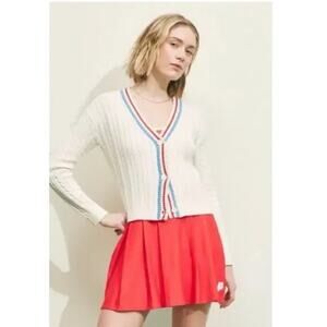 Prince White Cable Knit Striped Long Sleeve Button Up Cardigan Sweater Top XS